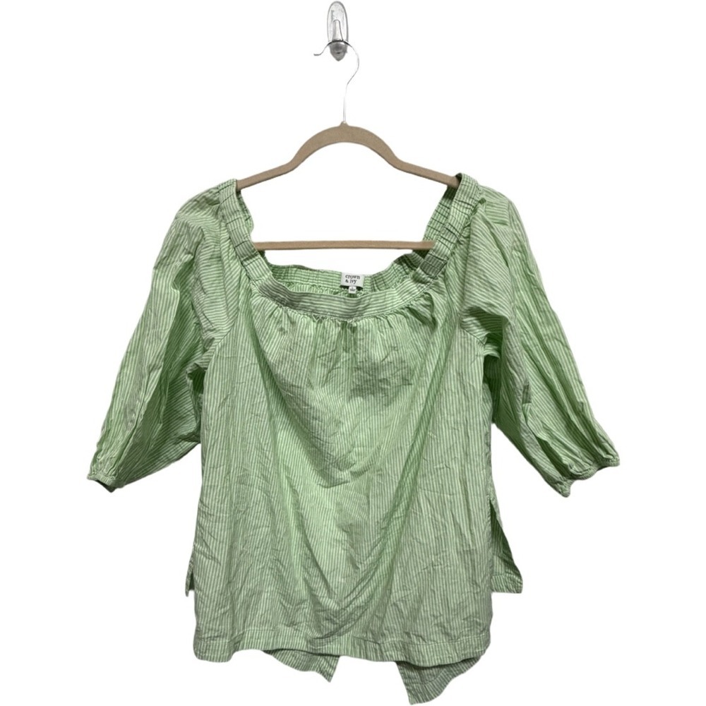 Crown & Ivy Green White Stripe Boat Neck Split Back Cotton Blouse Top Large